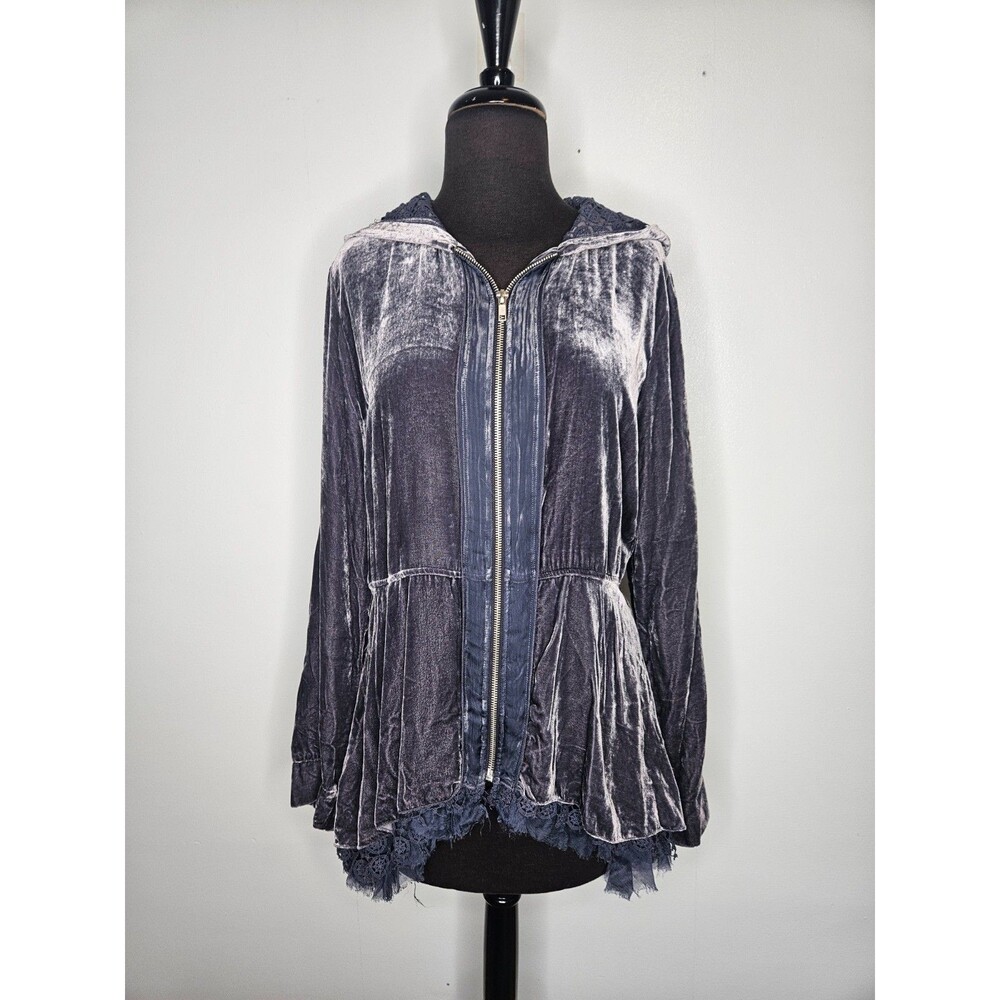 4 LOVE and LIBERTY Johnny Was Velvet Hoodie M Blue Gray Crochet Tulle Asymmetric